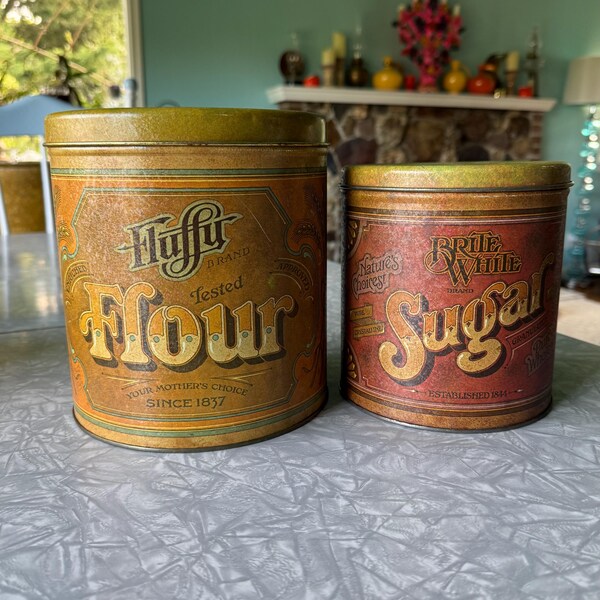 Set of 2 canisters Fluffy Flour and Brite White Sugar vintage 1970s Ballonoff