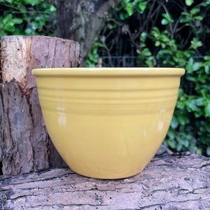 May include: A yellow ceramic mixing bowl with a smooth, rounded surface. The bowl has a slight lip around the top edge.