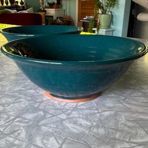Vintage studio pottery bowls set of 2 signed JW '92 handmade peacock teal stoneware