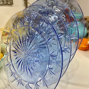 Set of 4 Avon Fostoria American Blue glass dinner plates