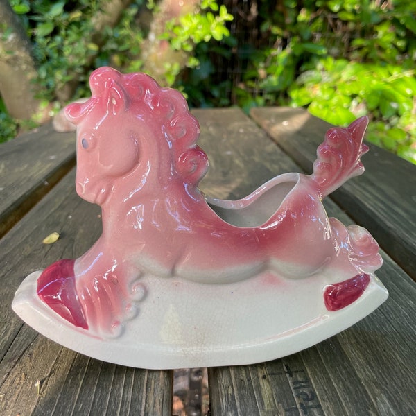 Art Deco Rocking Horse Planter Pink Mauve Burgundy Mid Century Vintage Kitsch