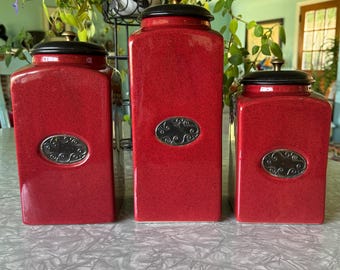 Set of 3 Pier 1 ceramic canisters with lids vintage Tuscan kitchen storage jars