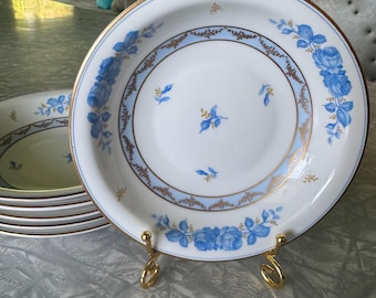 Set of 6 berry bowls Rosenthal Selb Germany US Zone vintage blue rose encrusted gold band