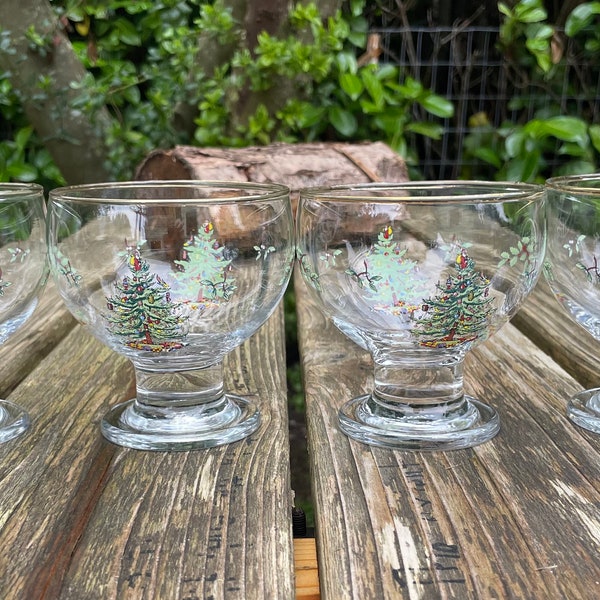 Set of 4 Spode Christmas Tree Pedestal Glasses Water Bar Ice Cream Dessert Glass