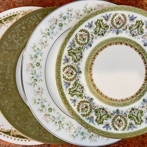 4 vintage china salad plates mismatched green tones lunch, salad, dessert
