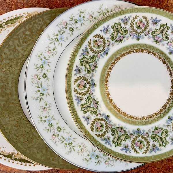 4 vintage china salad plates mismatched green tones lunch, salad, dessert