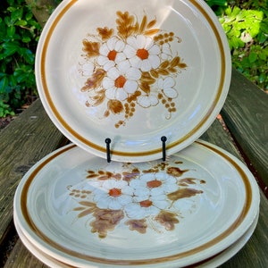 Set of 3 Stoneware Dinner Plates Mountain Wood Collection Dried Flowers Vintage 1970s