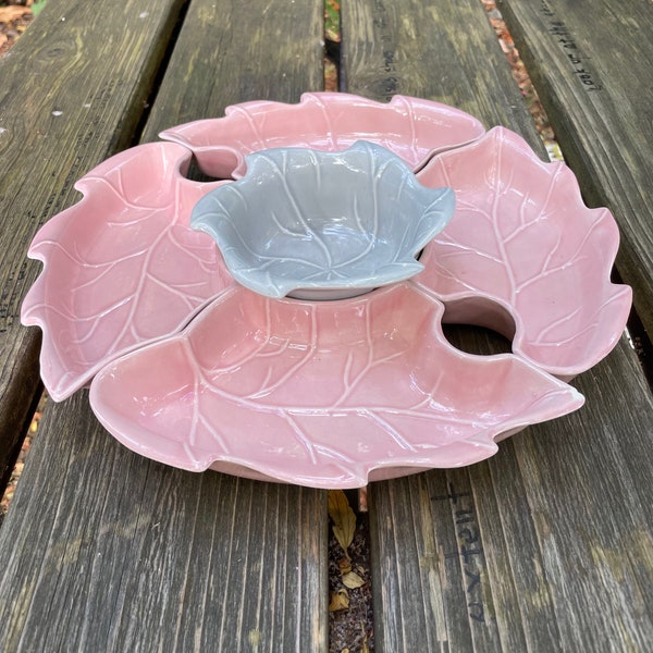 Mid Century USA Pottery Pink and Gray Appetizer Buffet Service Majolica Style Condiment Dish