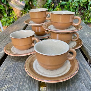 Set of 6 Mikasa Sandstone Cup and Saucer Vintage P1001 Village Potter stoneware series by Bob Van Allen