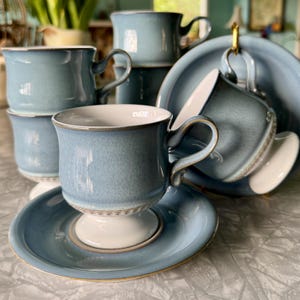 Set of 6 Denby Blue Castile footed cup and saucer English stoneware