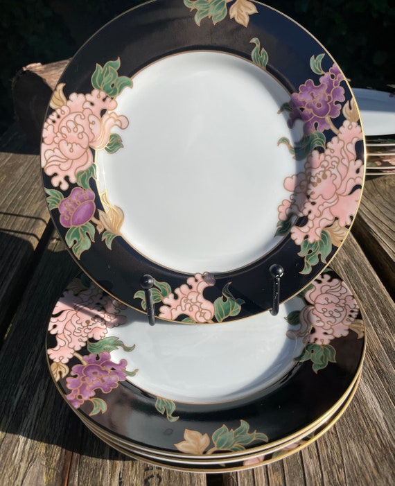 Set of 4 Salad Plates Fitz Floyd Cloisonne Peony Black Vintage Discontinued Etsy
