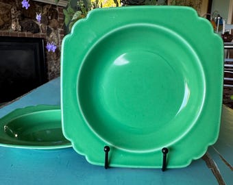 Set of 2 rim soup bowls Riviera original green square edge by Homer Laughlin