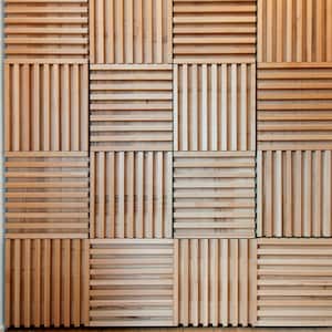 May include: A wall covered in a geometric pattern of light brown wood slats. The slats are arranged in a grid pattern, creating a visually interesting texture.