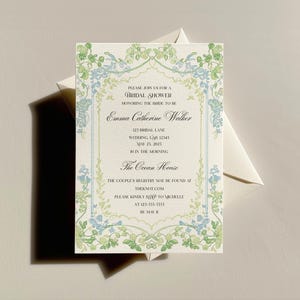 Preppy Bridal Shower Invitation | Editable Blue and Green Floral Template | Printable Invite | Instant Download | Grandmillennial Theme