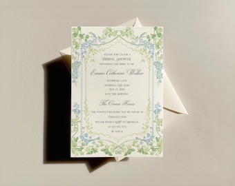 Blue & Green Floral Bridal Shower Invitation: Grandmillennial Theme (Digital Download, Editable Template)