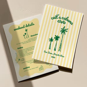 May include: Two event cards with a tropical theme. One card features the text "Cait's Cabana Club" with palm tree illustrations on a yellow and white striped background. The other card has "weekend details" and a schedule.