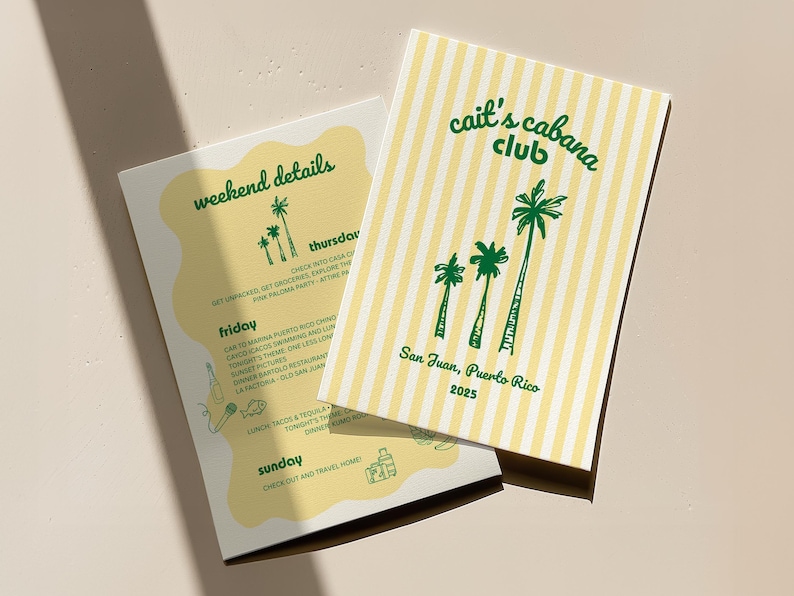May include: Two event cards with a tropical theme. One card features the text "Cait's Cabana Club" with palm tree illustrations on a yellow and white striped background. The other card has "weekend details" and a schedule.