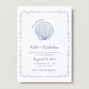 May include: A white wedding invitation with a blue seashell illustration and floral border. The text reads "Kate & Nicholas" and invites guests to celebrate their marriage on August 18, 2026. The invitation includes the address and the phrase "Let's celebrate together!"