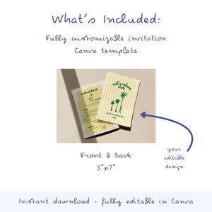 May include: A light yellow invitation template with vertical stripes and palm tree illustrations. The text "cait's cabana club" is visible. The invitation is 5" x 7" and includes a fully customizable Canva template.