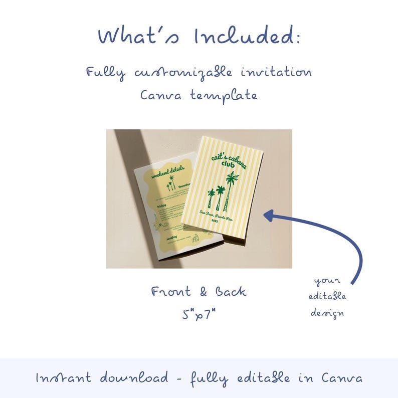 May include: A light yellow invitation template with vertical stripes and palm tree illustrations. The text "cait's cabana club" is visible. The invitation is 5" x 7" and includes a fully customizable Canva template.