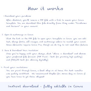 May include: A digital download guide titled "How it works" with instructions in blue handwritten font. The guide explains how to download, customize in Canva, save, download, and print invitations. The text also mentions "Instant download - fully editable in Canva."