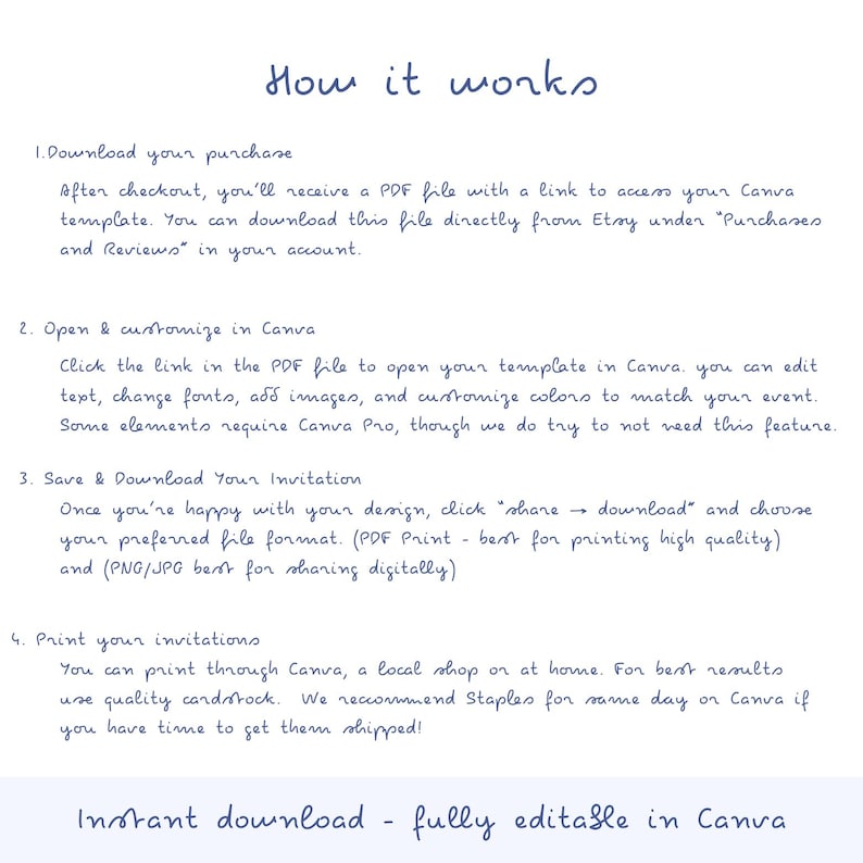 May include: A digital download guide titled "How it works" with instructions in blue handwritten font. The guide explains how to download, customize in Canva, save, download, and print invitations. The text also mentions "Instant download - fully editable in Canva."