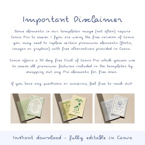 May include: A white background with blue handwritten text that reads "Important Disclaimer." The text explains the use of Canva Pro templates and offers a 30-day free trial. Below are three sample invitation designs. The bottom text says "Instant download - fully editable in Canva."