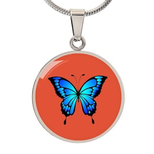 Blue Butterfly Engraved Resin Necklace: Personalized Jewelry Gift