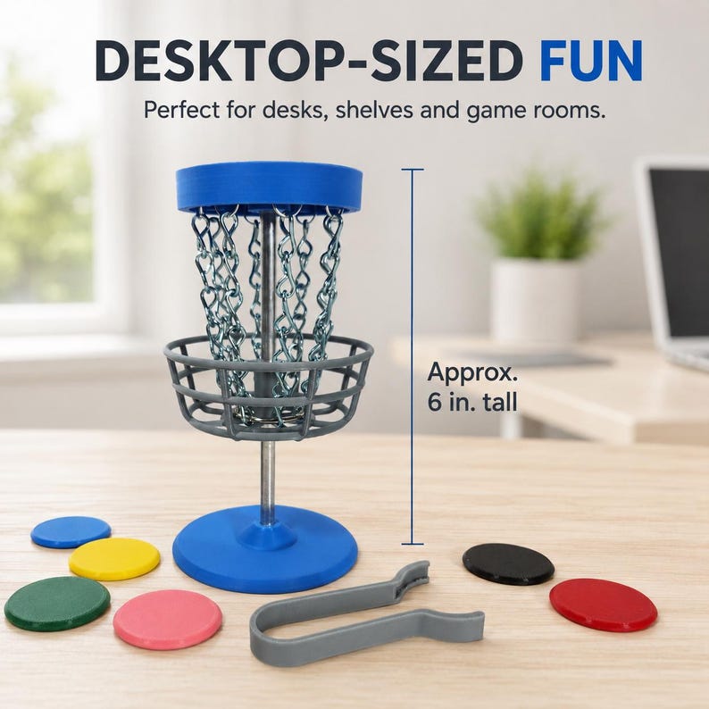 Mini Disc Golf Basket Game, 6-Inch Tabletop Desk Toy with Steel Chains, Disc Golfer Gift image 2