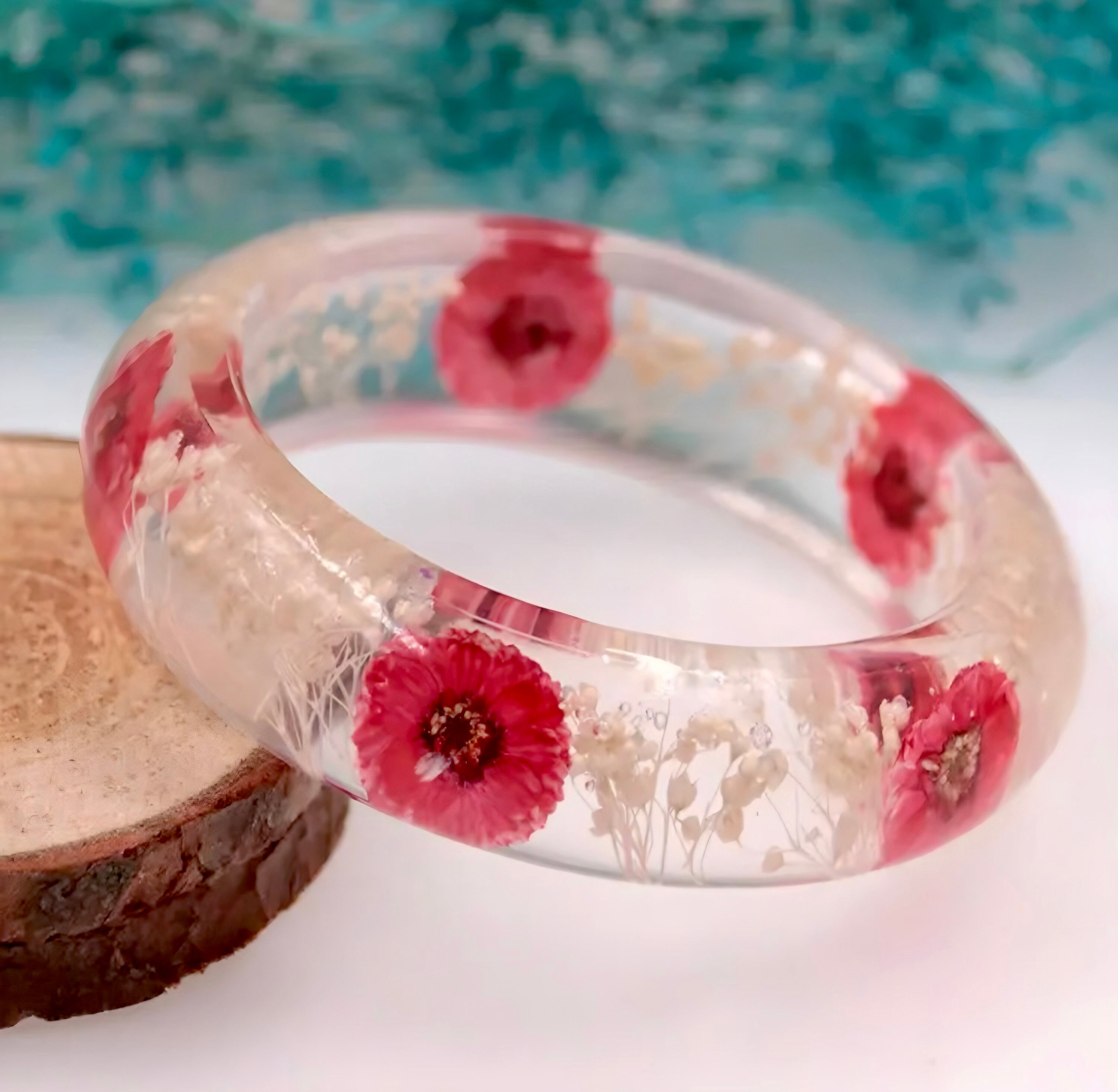 Pressed Real Flower Bracelet Bangle Xmas Gift for Her Resin Bracelet