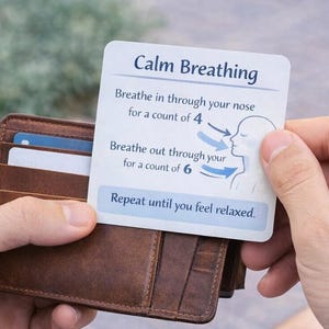 Może przedstawiać: Brązowy skórzany portfel z kartami w środku trzymany jest w jednej ręce. Druga ręka trzyma białą kartę z napisem "Calm Breathing" i instrukcjami ćwiczeń oddechowych. Karta ma niebieskie strzałki i tekst.