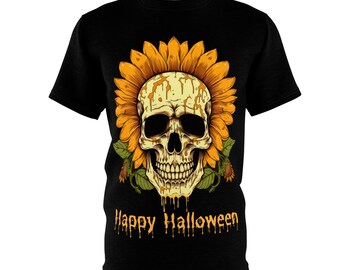 May include: Black t-shirt with a graphic of a skull inside a sunflower with dripping yellow paint. The text "Happy Halloween" is printed below the sunflower.