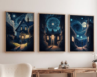 Starry Night Set of 3 Poster , Van Gogh Poster , Starry Night Poster , Starry Night Art, Starry Night Digital Download , anime style prints