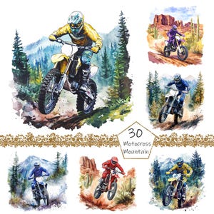 Watercolor Mountain Motocross Clipart, 30 PNG Motorcycle clip art, Commercial, Dirt Bike Clipart png Bundle, Off-road motorcycle clipart png