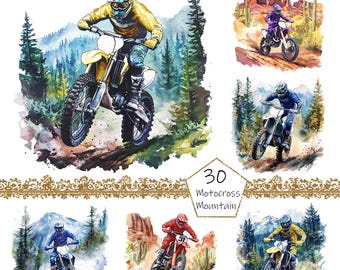 Watercolor Mountain Motocross Clipart, 30 PNG Motorcycle clip art, Commercial, Dirt Bike Clipart png Bundle, Off-road motorcycle clipart png