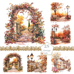 May include: Watercolor illustrations of a vintage park scene. The images feature archways covered in roses, park benches, lampposts, and pathways. The color palette includes warm tones of orange, red, and yellow, evoking an autumn atmosphere. The text "25 Vintage Park" is also present.