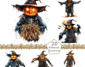 Watercolor Halloween Scarecrow Clipart, 20 PNG Halloween Scarecrow clip art, Halloween Clipart png Bundle, Watercolor Pumpkin Clipart png