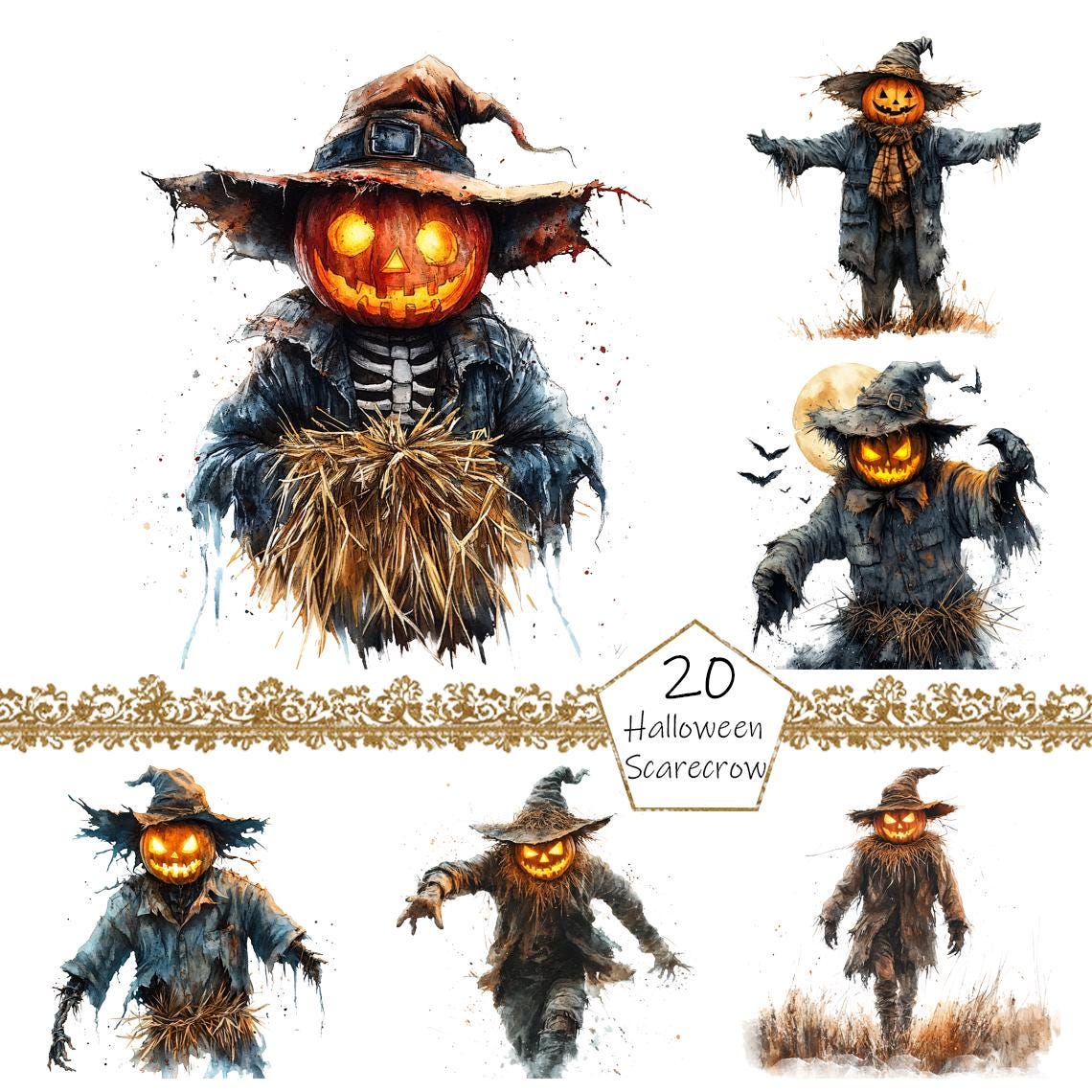 Watercolor Halloween Scarecrow Clipart, 20 PNG Halloween Scarecrow Clip ...