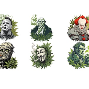 Puede incluir: Seis ilustraciones de personajes de terror ic&oacute;nicos fumando. Cada personaje est&aacute; rodeado de hojas de cannabis y exhalando humo. Los personajes incluyen a Michael Myers, un vampiro, Pennywise, una momia, una m&aacute;scara de Guy Fawkes y un hombre lobo.