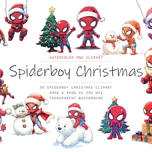 Clipart navideño de Spiderboy, 30 imágenes prediseñadas de superhéroes PNG, uso comercial, paquete de imágenes prediseñadas navideñas de acuarela PNG, invierno PNG, descarga digital