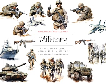 Watercolor Military Clipart, 42 PNG Army clip art,  Commercial Use,  Military Clipart png Bundle, Digital Military Art, Military Sublimation