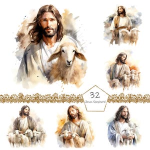 Jesus Shepherd Clipart PNG Watercolor Christian Sheep Clipart Abstract Image Transparent Loving Care Clipart Sublimation Sunday Wallart