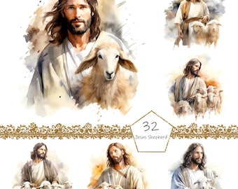 Jesús Pastor Clipart PNG Acuarela Cristiana Oveja Clipart Imagen Abstracta Transparente Cuidado Amoroso Clipart Sublimación Domingo Wallart