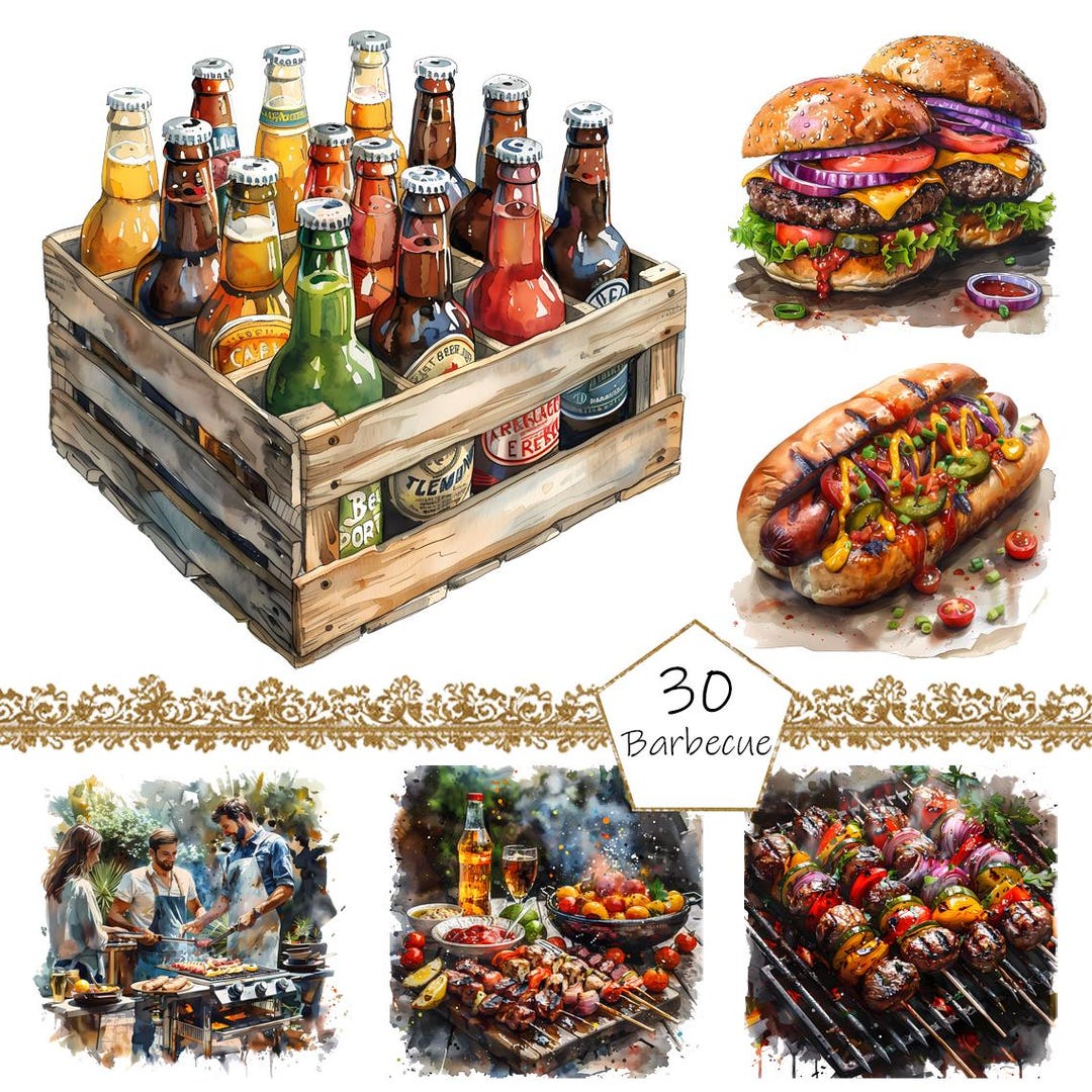 Watercolor Barbecue Clipart, 30 PNG BBQ Clip Art, BBQ Party Clipart Png ...