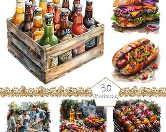 Watercolor Barbecue Clipart, 30 PNG BBQ clip art, BBQ Party Clipart png, Digital cookout Clip Art, Watercolor Grill Clipart, Backyard bbq
