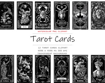 Zodiac Cards Clipart, 12 PNG Zodiac png art, Commercial Use, Zodiac png Bundle, Digital Zodiac Cards, Digital Download, Zodiac signs, Tarot