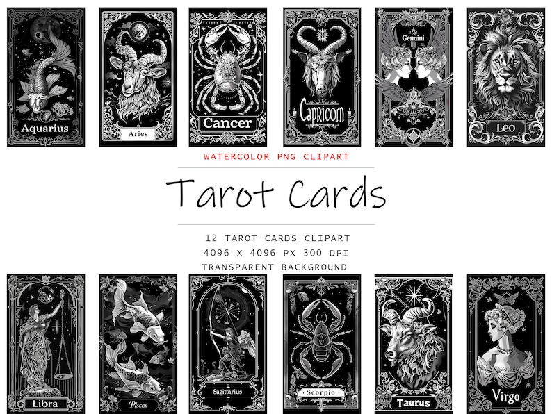 May include: A set of 12 black and white tarot cards featuring zodiac signs. Each card has a black background with a white ornate border and a white illustration of a zodiac sign. The cards are labeled with the names of the zodiac signs: Aquarius, Aries, Cancer, Capricorn, Gemini, Leo, Libra, Pisces, Sagittarius, Scorpio, Taurus, and Virgo. The text "WATERCOLOR PNG CLIPART" and "Tarot Cards" is also included in the image.