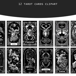 May include: Twelve black and white tarot cards featuring zodiac signs. Each card has a decorative border and a black background. The cards are arranged in four rows of three cards each.