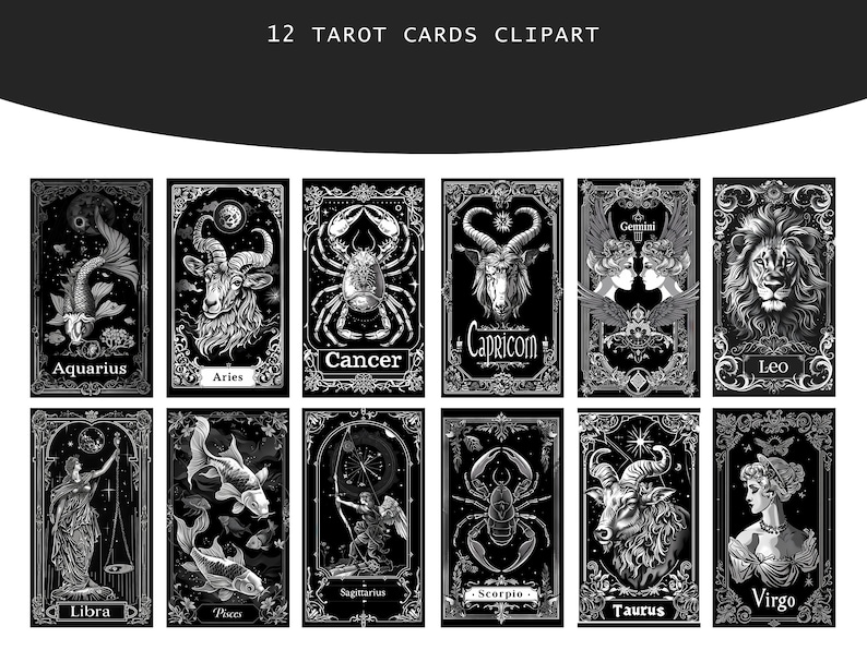 May include: Twelve black and white tarot cards featuring zodiac signs. Each card has a decorative border and a black background. The cards are arranged in four rows of three cards each.