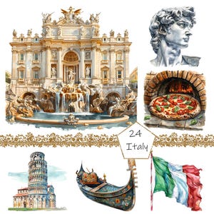 Watercolor Italy clipart, 24 PNG Ancient Italy clip art, Italian Landmarks Clipart png Bundle, Rome clipart, Watercolor Travel Clipart,pizza